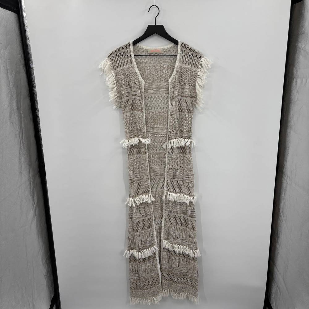 Lilly Sarti Maxi Vest Cardigan Brazillian 38‎ P Beige Neutral Boho Fringe Knit